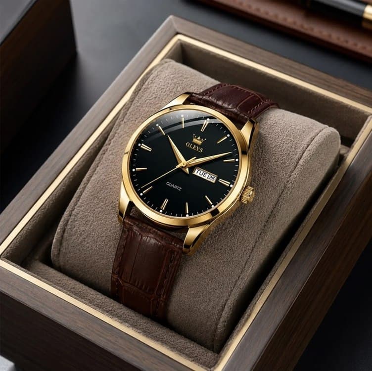 Relógio Social Masculino A Prova D'água Couro Olevs Luxo Nf Marrom Dourado Preto